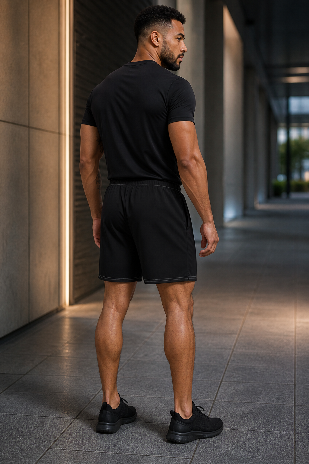 KYNDEO Stride Long Short on Afro-Latino male model, rear three-quarter view