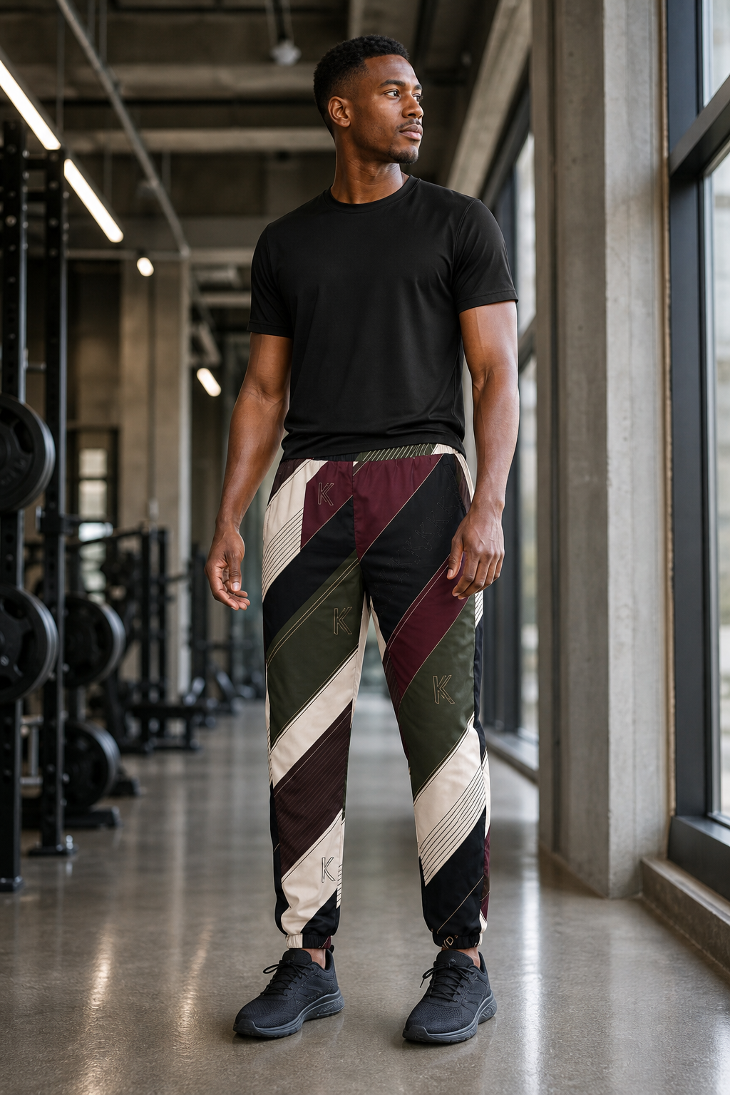 KYNDEO Velocity Track Pant on Black male model, alternate front three-quarter view