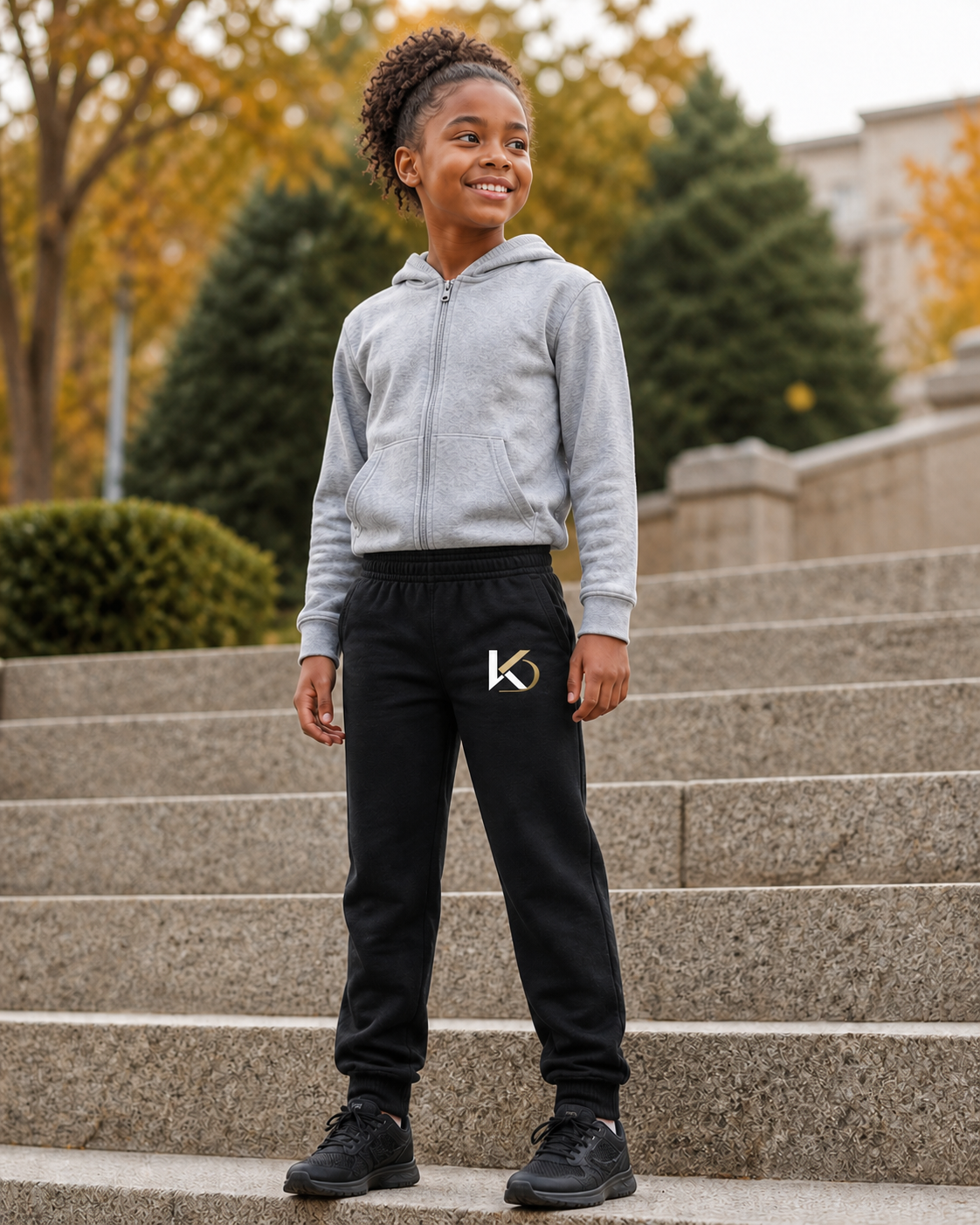KYNDEO Youth Axis Jogger on a Black girl model at fall park steps