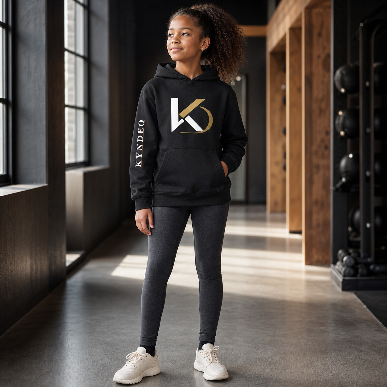 Black KYNDEO Youth Camo Hoodie on an Afro-Latina girl model in a training corridor