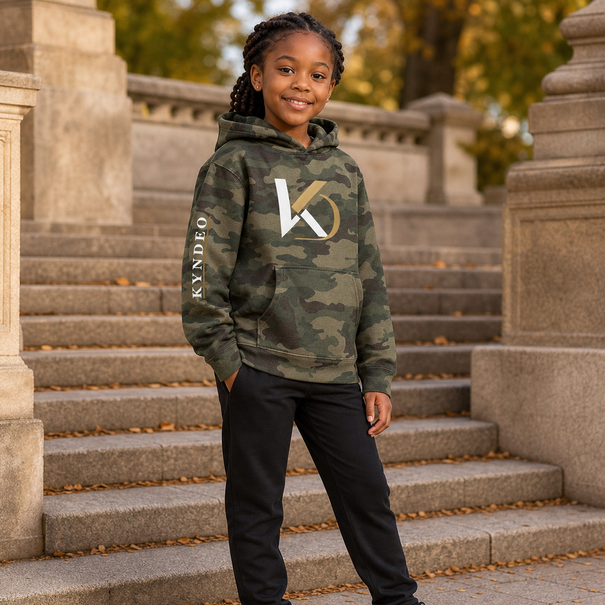 Forest Camo KYNDEO Youth Camo Hoodie on a Black girl model at fall park steps