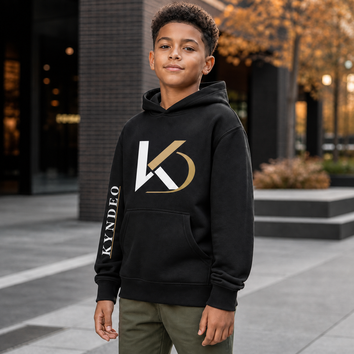 Black KYNDEO Youth Camo Hoodie on an Afro-Latino boy model downtown in fall