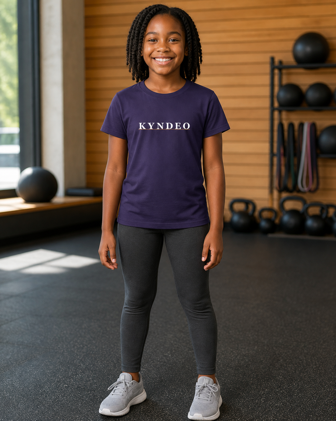 Deep Purple KYNDEO Youth Core Tee front on a Black girl model