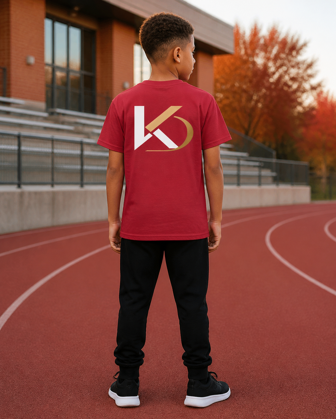 True Red KYNDEO Youth Core Tee full back KD design on an Afro-Latino boy model