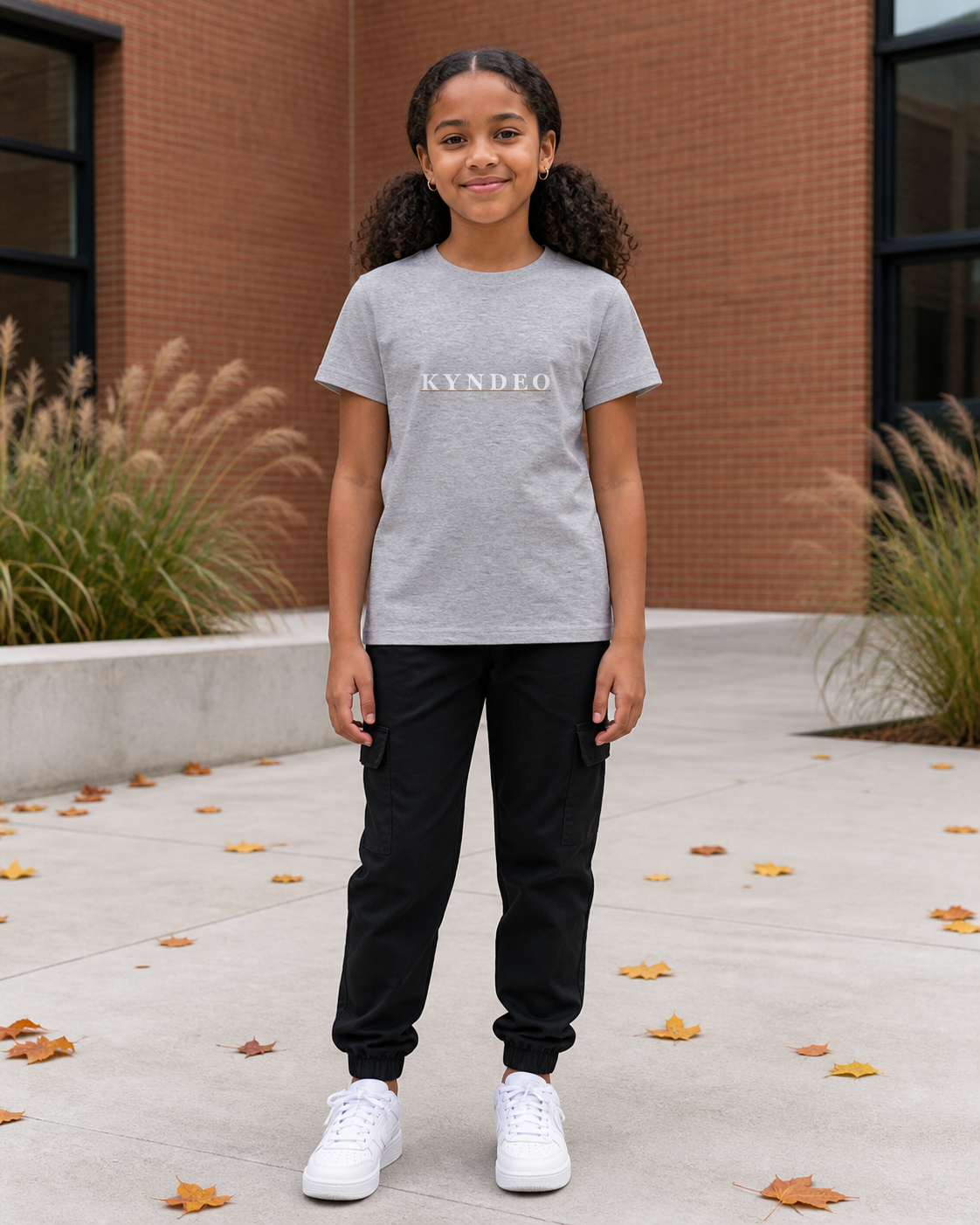 Athletic Heather KYNDEO Youth Core Tee front on an Afro-Latina girl model