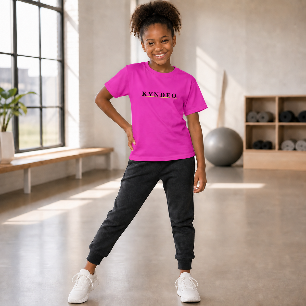 KYNDEO Youth Pop Tee on a Black girl model in a bright youth movement studio