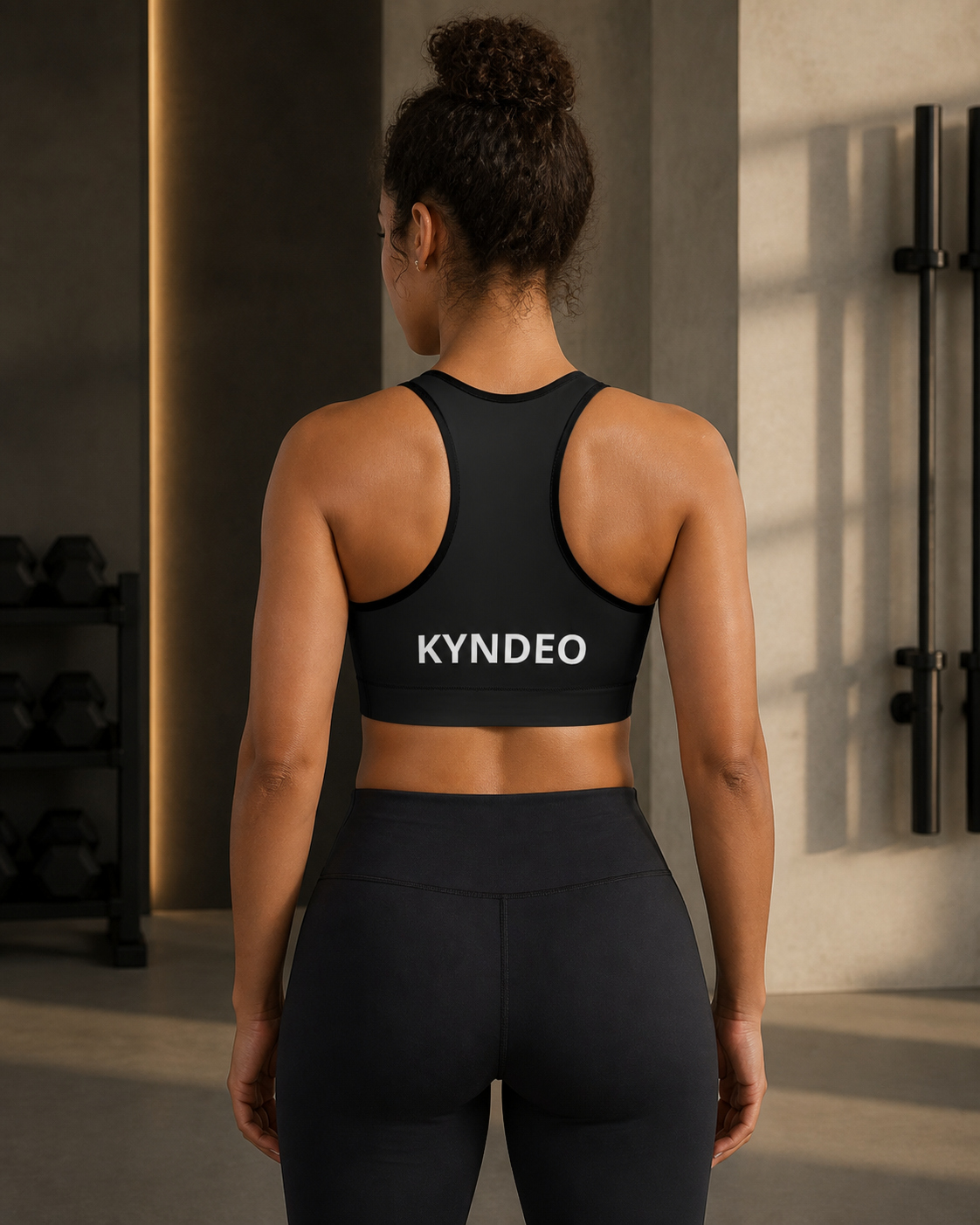 Afro-Latina woman wearing the KYNDEO Midnight Form Sports Bra, strict back view showing KYNDEO branding