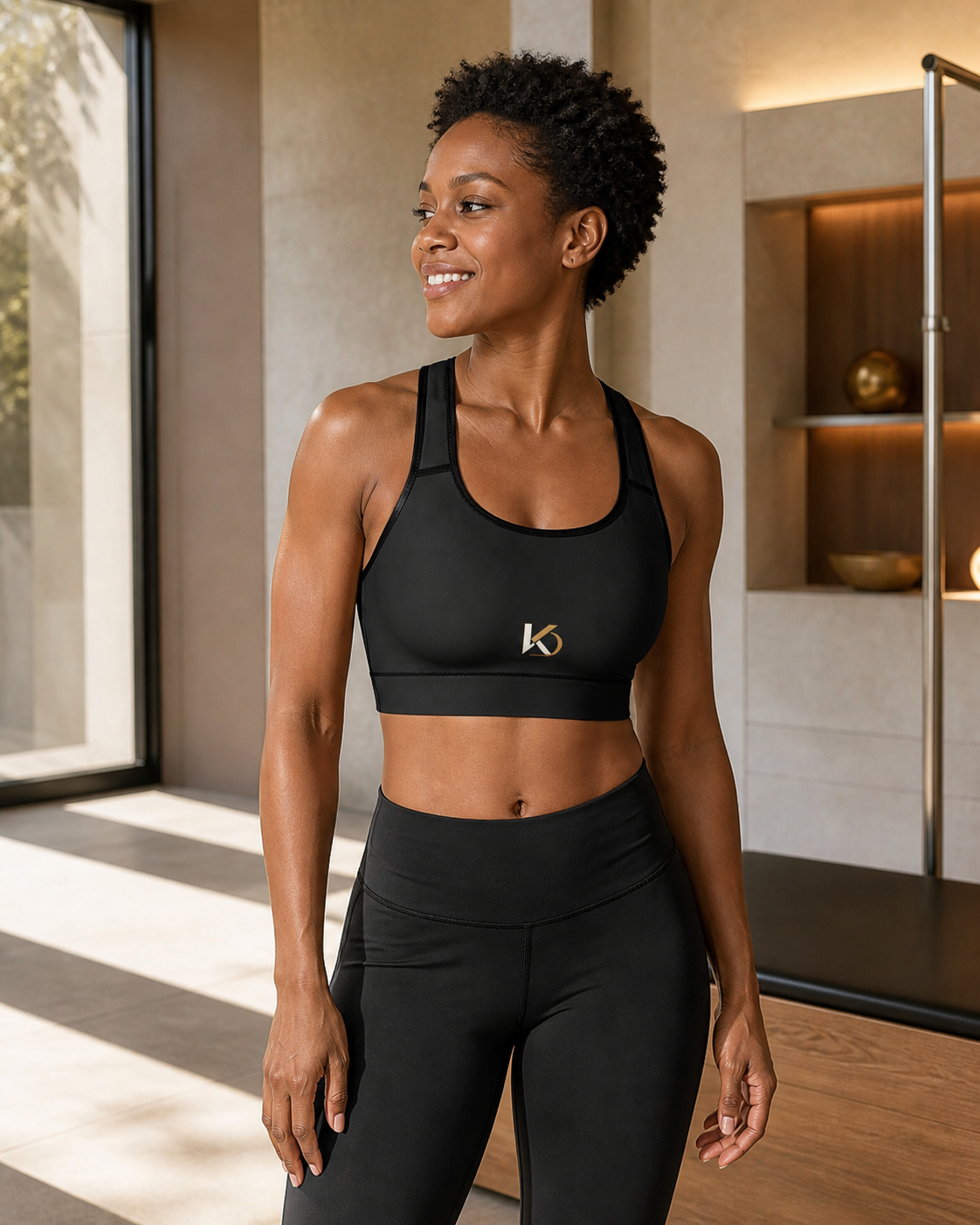 Black woman wearing the KYNDEO Midnight Form Sports Bra, front three-quarter left view