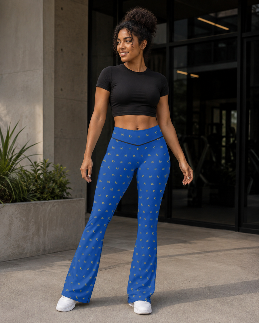 KYNDEO Contour Flare Pant — Royal Monogram — front three-quarter lifestyle view with black thread