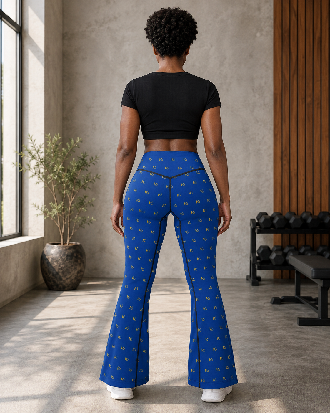 KYNDEO Contour Flare Pant — Royal Monogram — full rear lifestyle view with black thread