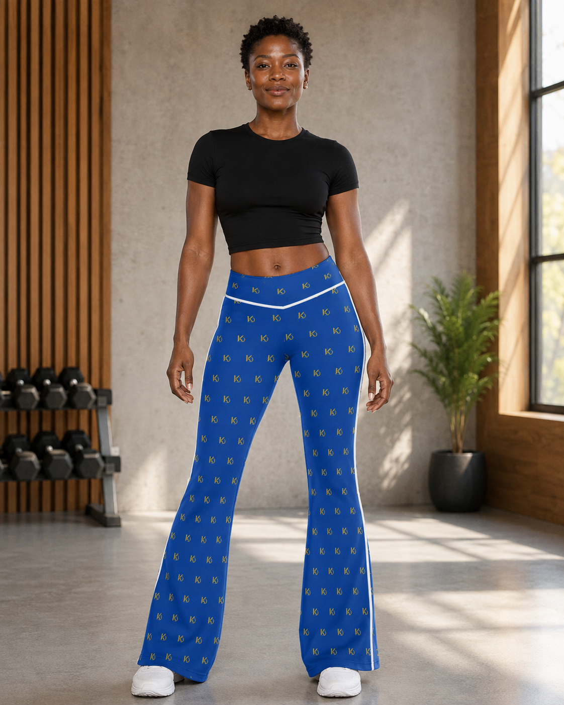 KYNDEO Contour Flare Pant — Royal Monogram — full front lifestyle view with white thread