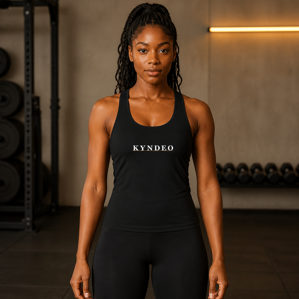 KYNDEO Women's Racer Tank complete front view on a Black female athlete