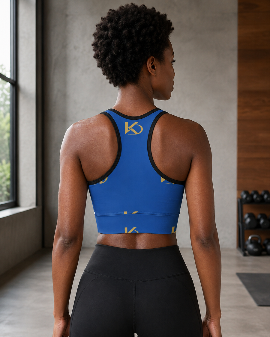 KYNDEO Form Crop Tank — Royal Monogram, royal blue with large gold KD monogram, complete rear racerback view