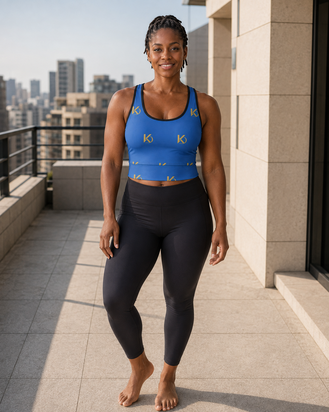 KYNDEO Form Crop Tank — Royal Monogram, royal blue with large gold KD monogram, complete front gym-to-street lifestyle view