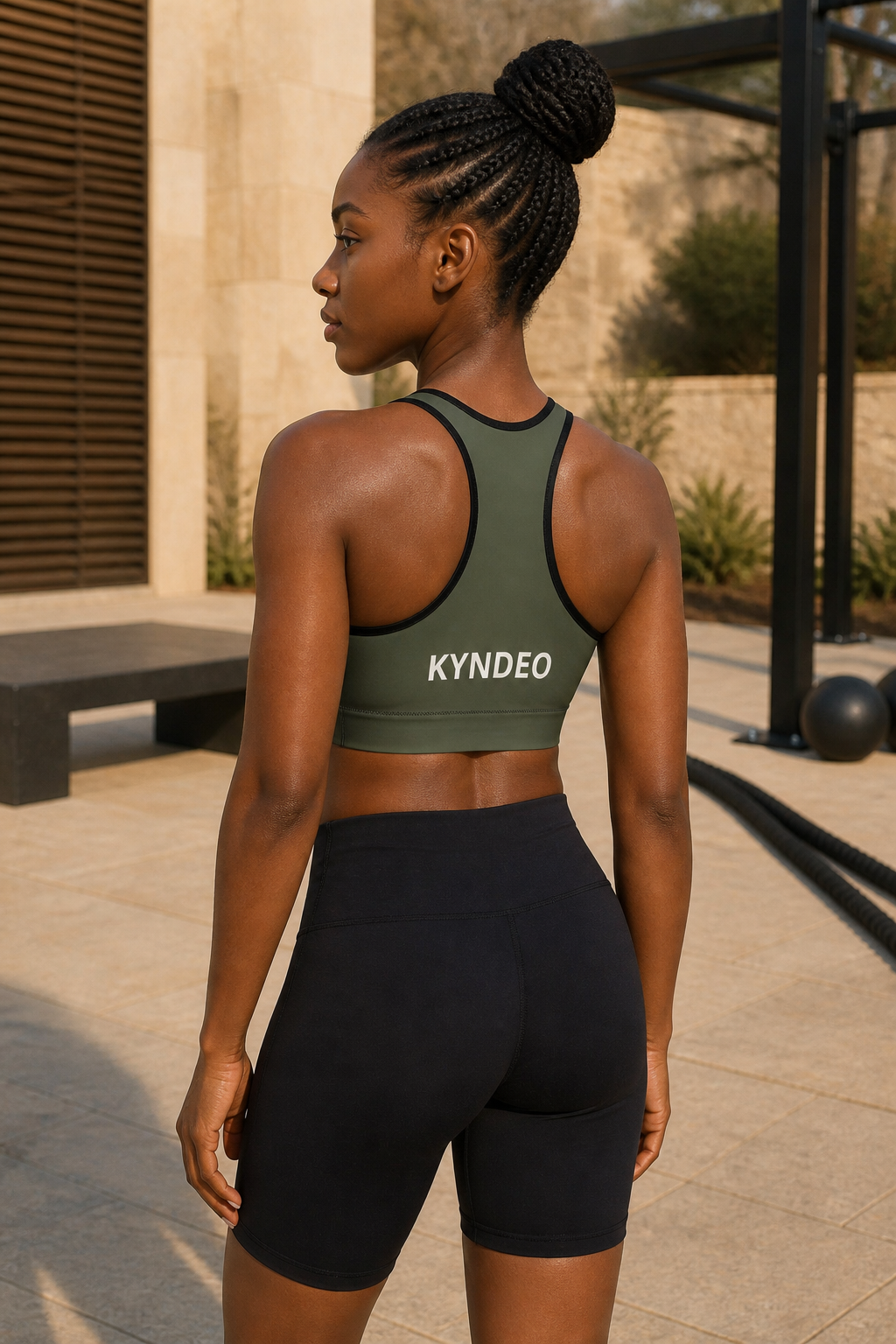 Black woman showing the olive KYNDEO Shadow Form Sports Bra, rear three-quarter view