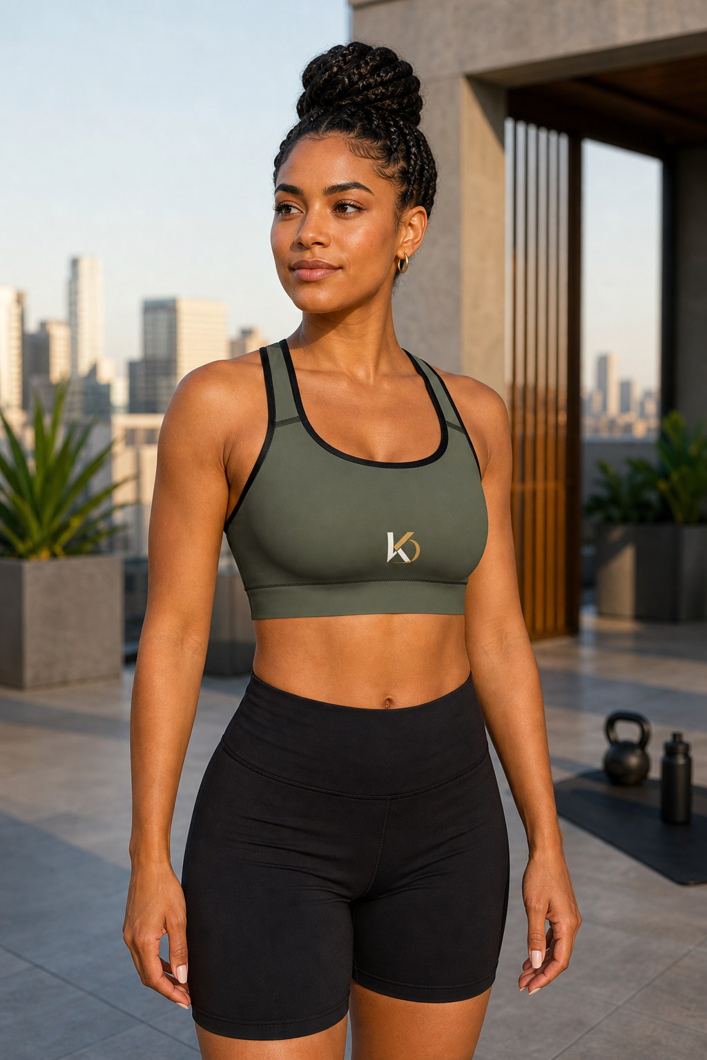 Afro-Latina woman wearing the olive KYNDEO Shadow Form Sports Bra, front three-quarter view