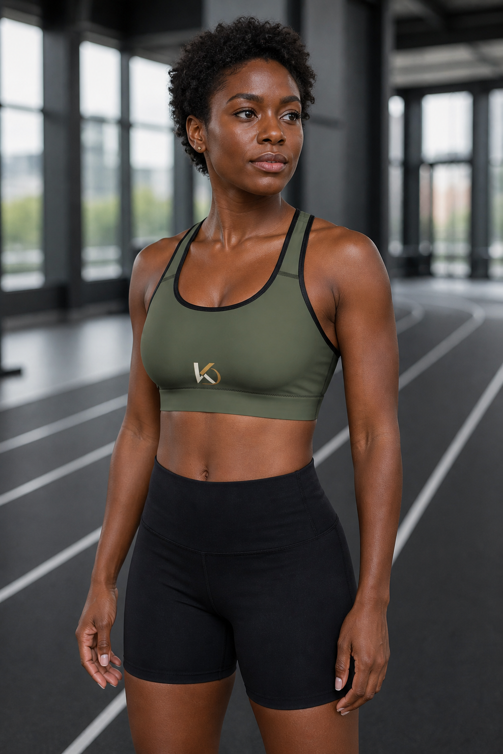 Black woman wearing the olive KYNDEO Shadow Form Sports Bra, opposite front three-quarter view
