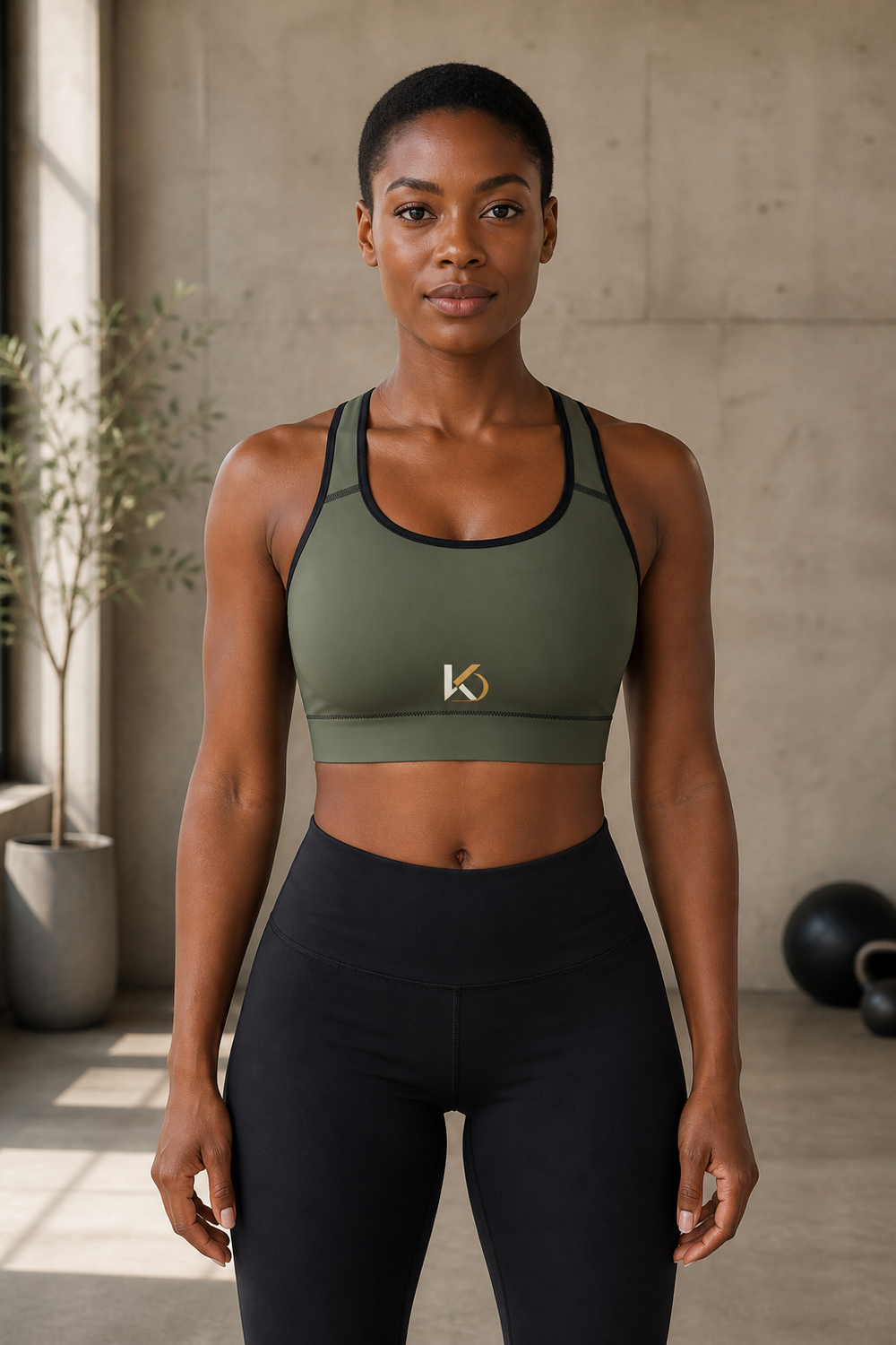 Black woman wearing the olive KYNDEO Shadow Form Sports Bra, strict front view