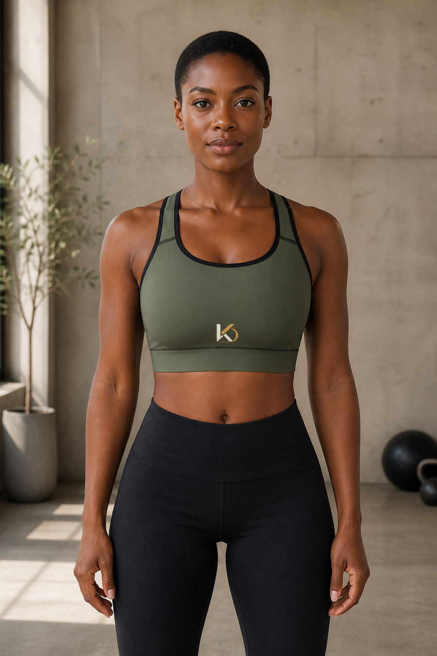 Black woman wearing the olive KYNDEO Shadow Form Sports Bra, strict front view