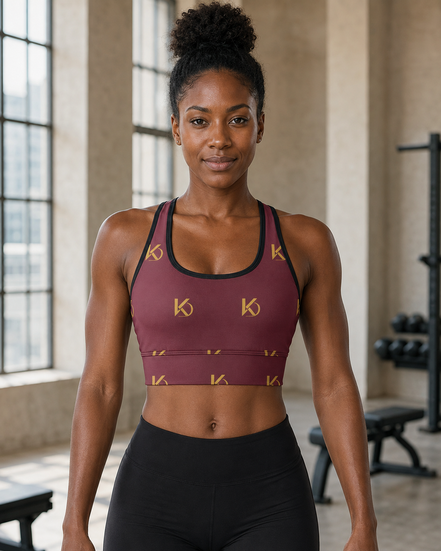 KYNDEO Form Crop Tank — Burgundy Monogram — full front lifestyle view