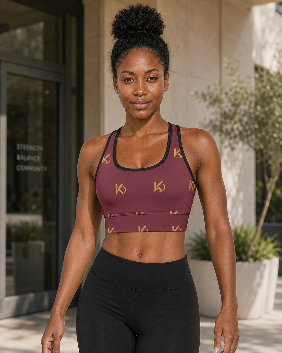KYNDEO Form Crop Tank — Burgundy Monogram — front three-quarter lifestyle view