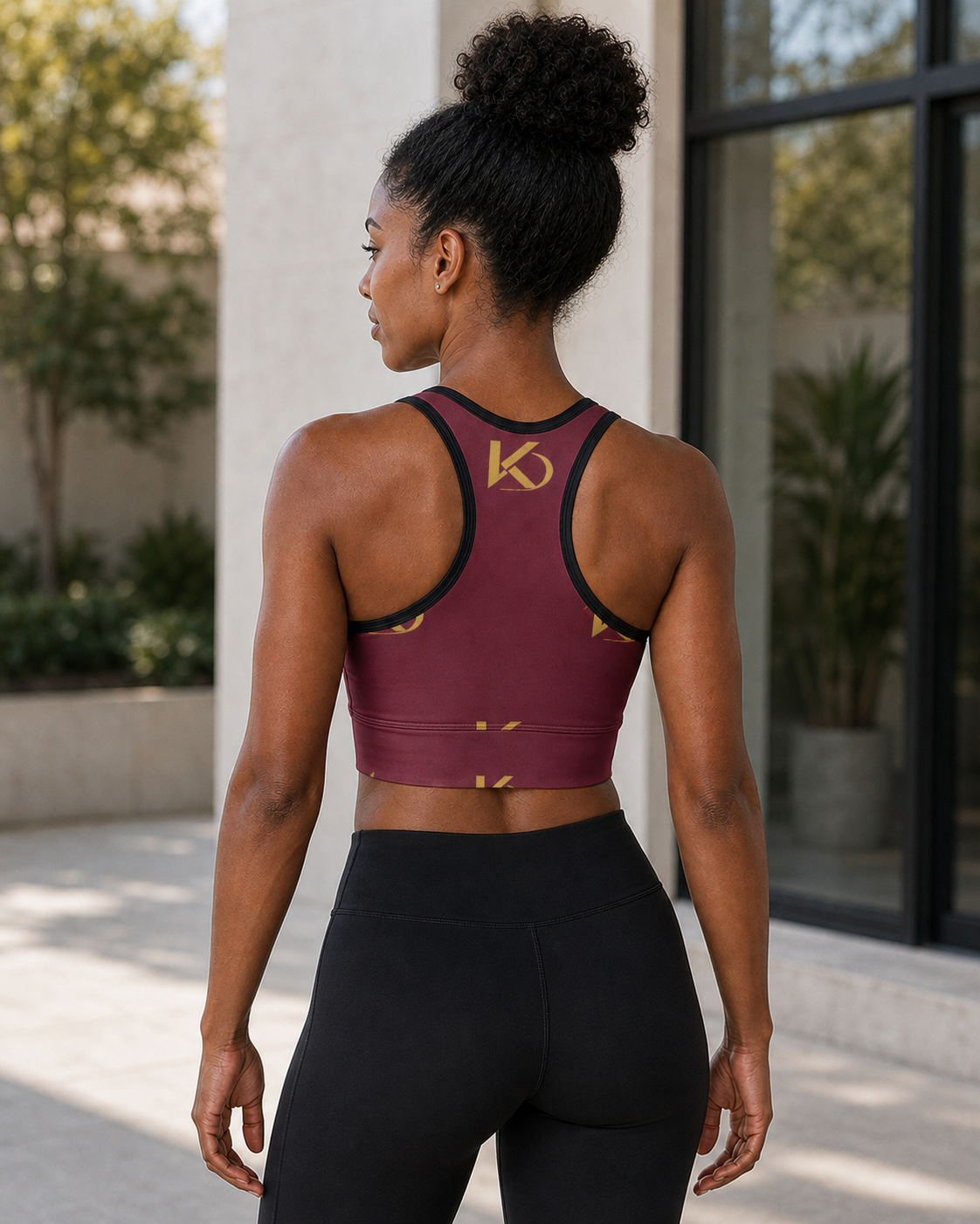 KYNDEO Form Crop Tank — Burgundy Monogram — rear three-quarter lifestyle view