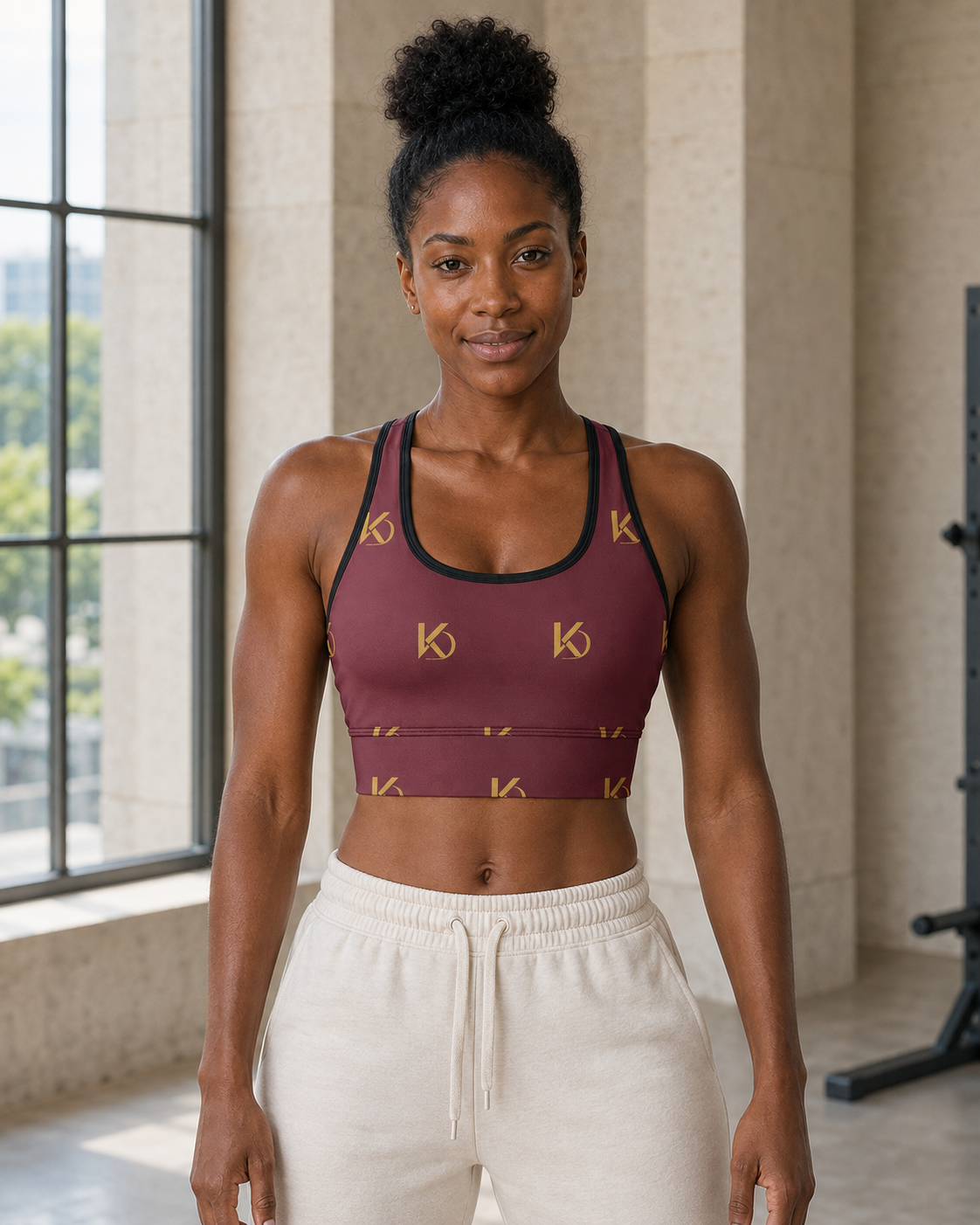 KYNDEO Form Crop Tank — Burgundy Monogram — front lifestyle styling view