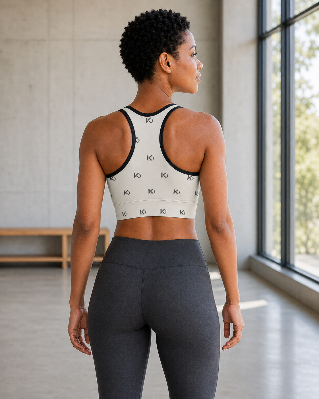 KYNDEO Form Crop Tank — Ivory Monogram, ivory with small charcoal KD monogram, rear three-quarter lifestyle view